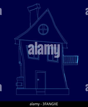 A simple toon house contour blueprint on a blue background features detailed roof lines, windows, and a prominent chimney. Stock Vector