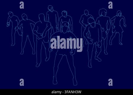 A zombie set contour line drawing depicts a group of figures walking in single file against a dark blue background. Stock Vector