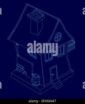 A 3D toon house model with a chimney features a crisp white contour outline against a solid blue background. Stock Vector
