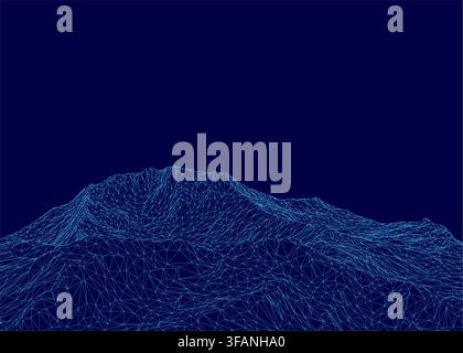 Polygonal blue mountain terrain with a wireframe design, composed of intricate lines and geometric shapes on a dark blue background. Stock Vector