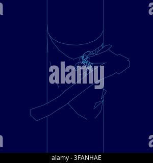 Swings an axe, its blue contour chopping into wood and sending chips flying against a dark background. The dynamic scene is drawn with simple, energet Stock Vector