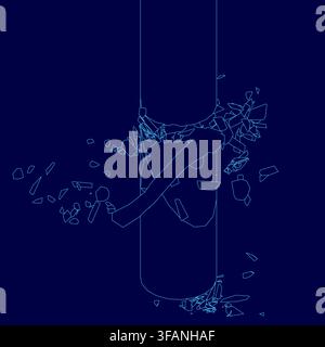A blue axe swings dynamically, chopping into wood and sending chips flying against a dark background. The energetic scene is rendered with simple, pow Stock Vector