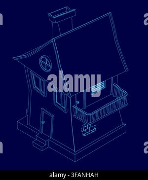 A simple toon house blueprint on a blue background features a detailed contour drawing with a roof, walls, windows, and chimney. Stock Vector