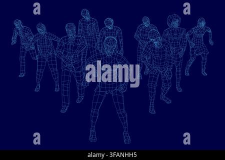 A zombie wireframe set features a 3D model of a human body created by people standing in line on a blue background. Stock Vector