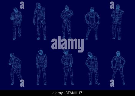Wireframe zombie figures in varied poses are arranged on a deep blue background. Each unique silhouette is displayed in a clean grid pattern for desig Stock Vector