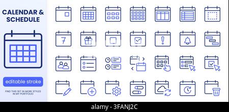 Calendar line icon set. Month view, agenda, event editing, reminders, sync minimal vector illustrations. Simple outline signs for planners and Stock Vector