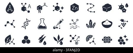 Skincare ingredient glyph icon set. Molecule, vitamin, serum, collagen, crystal minimal vector illustrations. Simple silhouette signs for cosmetic and Stock Vector