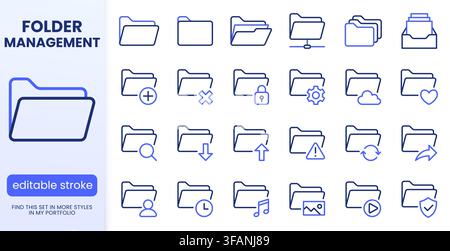 Folder line icons set. File management cloud storage, cyber security shield, open project, share portfolio flat minimal vector illustration. Simple Stock Vector