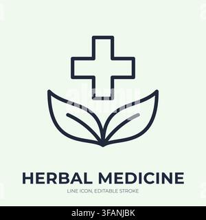 Herbal medicine line icon. Natural remedy linear vector illustration. Thin sign of medical cross leaves for alternative therapy, holistic wellness Stock Vector