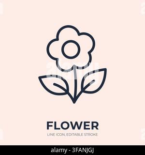 Flower line icon. Floral blossom linear vector illustration. Thin sign of blooming garden plant with leaves for nature, spring, botany, decoration Stock Vector