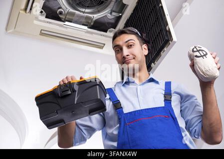 Young mechanic repairs ceiling air conditioner Stock Photo