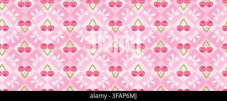 Pink Cherry Bow Seamless Pattern Retro Valentine Cute Girly Background Stock Vector