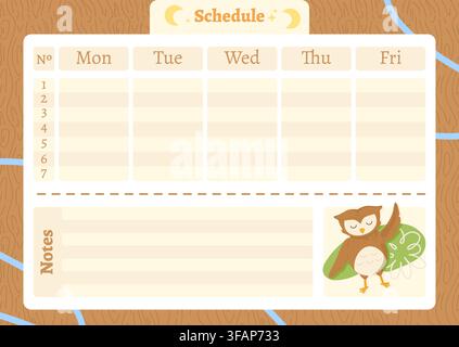 Cute Owl Weekly Schedule Planner for Kids Cartoon Template Stock Vector