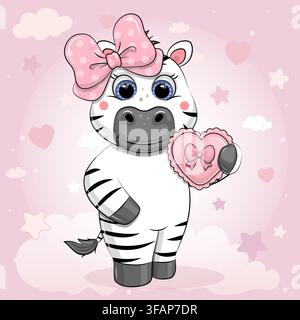 Cute cartoon Zebra with hair bow and heart. Vector illustration of animal on pink background with stars and hearts. Stock Vector