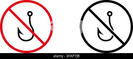 No Fishing Prohibition Sign Icon Set. Forbidden Fishing Hook Warning And Restriction Symbol Collection. Stop And Ban Notice. Isolated Vector Stock Vector