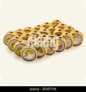 Assortment of fried tempura sushi rolls on white background Stock Photo