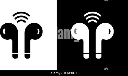 Wireless Earbuds With Signal Waves Solid Icon. Bluetooth Connectivity, Audio Streaming, And Music Listening Silhouette Symbol. Modern Technology Stock Vector