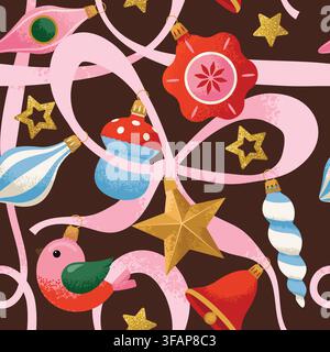 Christmas Seamless pattern with Vintage Christmas ornaments on threads. Trendy retro-style vector design. Stock Vector