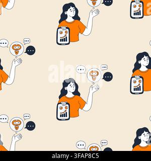 Woman Business Analytics And AI Robot Chatbot Seamless Pattern On Beige Background. Female Entrepreneur With Tablet, Financial Strategy Graph. Repeati Stock Vector
