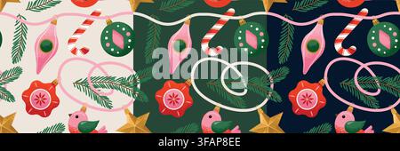 Christmas Seamless pattern with Vintage Christmas ornaments. Trendy Retro style Vector design Stock Vector