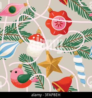 Christmas Seamless pattern with Vintage Christmas ornaments and Pine Branch on threads. Trendy retro-style vector design Stock Vector