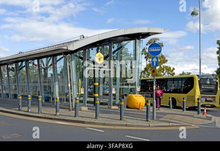 Eccles Interchange on Regent Street in Salford with bus services and Bee Network branding, Greater Manchester, August 2026. Stock Photo