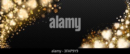 Elegant gold heart shapes with glitter effects and sparkling bokeh on dark background. Luxury overlay with shimmering particles and divine glow for fe Stock Vector