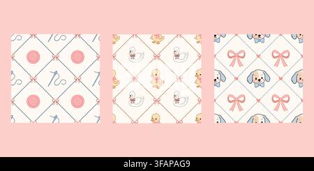 Cute pastel hand drawn diamond pattern set features animals bows and sewing elements with puppy duckling swan buttons needles hearts and ribbons Stock Vector