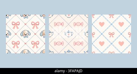 Cute pastel cartoon diamond pattern set features puppy candy hearts and bows with teapots buttons botanical lattice and soft blue pink details Stock Vector