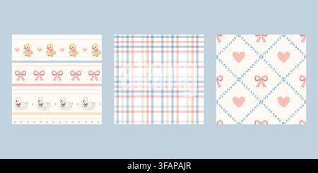 Soft pastel cartoon baby pattern set combines ducklings swans plaid and hearts with pink bows botanical diamonds and gentle blue details Stock Vector