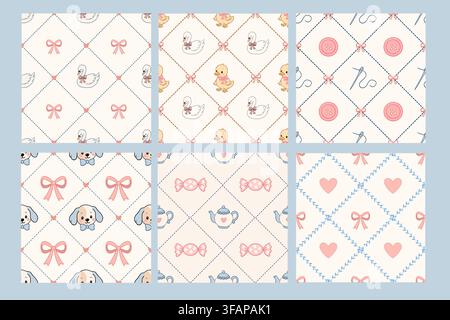 Cute hand drawn pastel diamond pattern set features baby animals and bows with swans ducklings puppies sewing buttons candy teapots hearts and botanic Stock Vector
