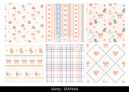 Coquette pastel cartoon pattern set combines bows roses sewing and plaid with animals hearts ribbons buttons thread and botanical diamonds Stock Vector