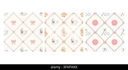 Pastel hand drawn diamond pattern set features swans ducklings bows and sewing elements with buttons needles hearts and decorative dashed lattice Stock Vector