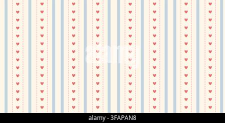 Simple minimal pastel seamless heart pattern features pink and blue vertical stripes with delicate dashed lines on a soft cream background Stock Vector