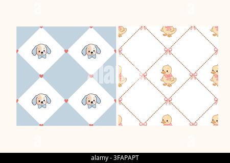 Cute hand drawn baby animal pattern set features puppy duck bow and diamond designs in a soft pastel style for kids nursery textiles Stock Vector