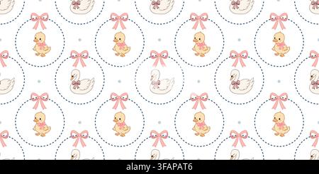 Pastel baby seamless pattern features cute swans ducklings bows and blue circles arranged with playful dashed lines and soft dots Stock Vector