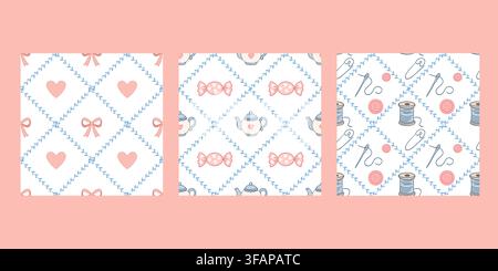 Delicate pastel hand drawn lattice pattern set features hearts candy and sewing elements with bows teapots buttons thread and blue botanical diamonds Stock Vector