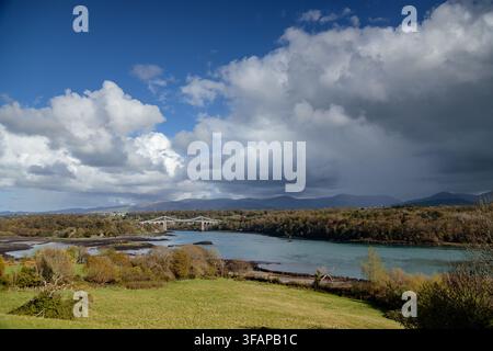 Suspension bridge over the Menai Straits, Anglesey, North Wales Stock Photo