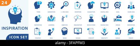 inspiration solid icon set collection for creative thinking, idea generation, lightbulb symbol, brainstorming, mind, and innovation design. Stock Vector
