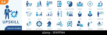 upskill solid icon set collection for personal growth, career development, online training, coaching, and skill improvement design. Stock Vector