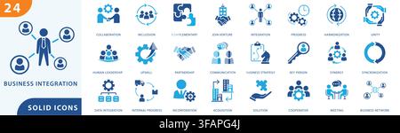 business integration solid icon set collection for corporate partnership, synergy, collaboration, strategy, and team networking design. Stock Vector