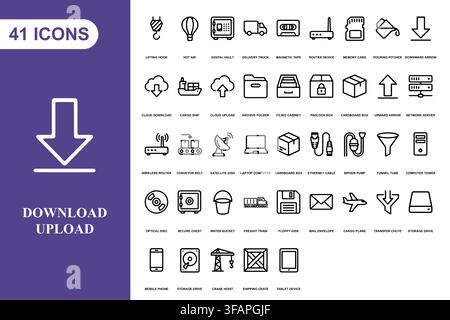 A collection of outline icons representing logistics, shipping, data storage, and digital technology concepts. Stock Vector