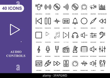 A comprehensive collection of forty linear audio and music control icons for digital media interfaces. Stock Vector