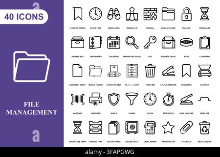 A comprehensive collection of forty office and file management line art icons for business and digital organization. Stock Vector