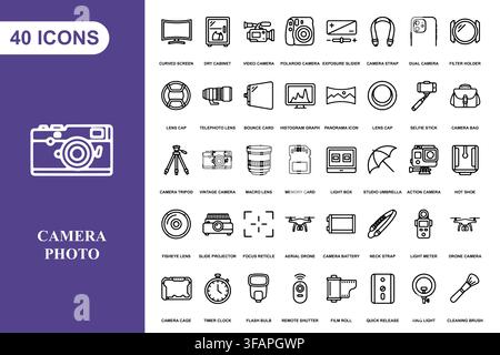 A collection of forty professional photography and camera equipment line art icons for creative projects. Stock Vector