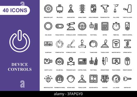 A collection of 40 linear device control icons for user interface design and industrial applications. Stock Vector