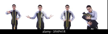 The funny male tailor on white Stock Photo