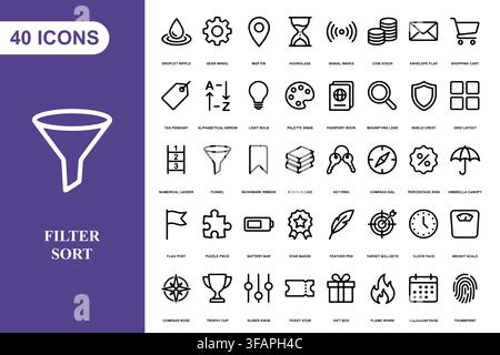 A comprehensive collection of forty professional line art icons for web interface and business application design. Stock Vector