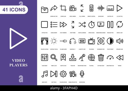 A comprehensive collection of line art icons for media players and digital content control interfaces. Stock Vector