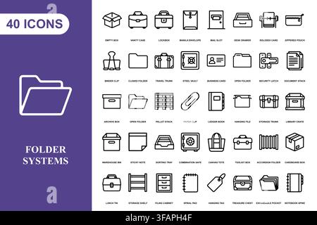 A collection of forty line art icons representing office storage, document organization, and filing systems. Stock Vector